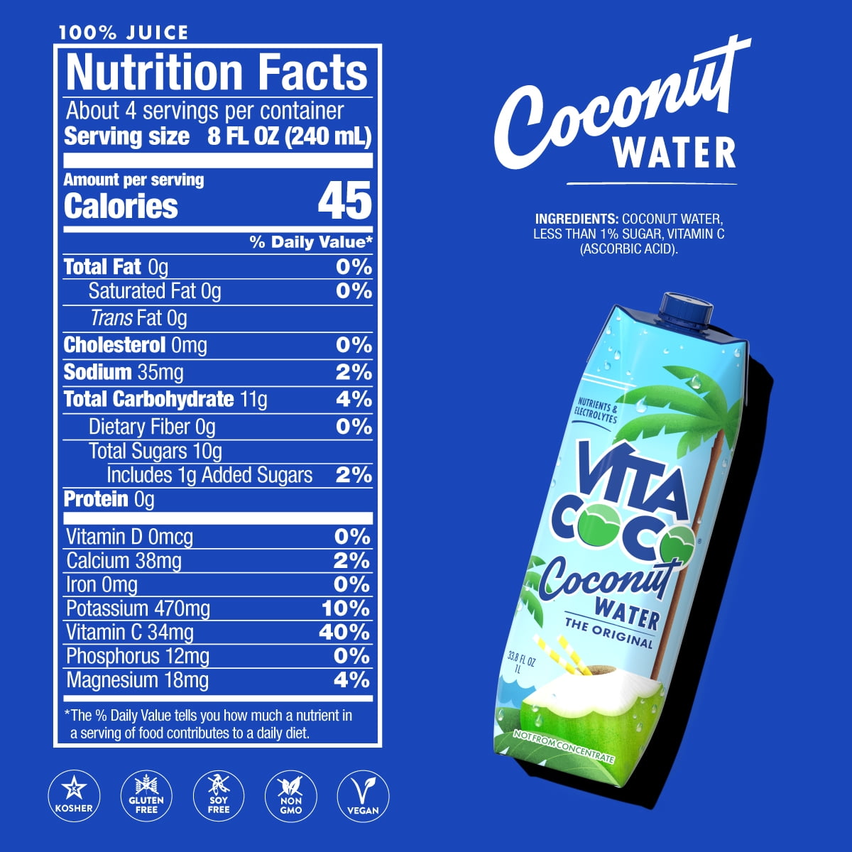 Vita Coco Coconut Water, Pure, 33.8 fl oz Tetra