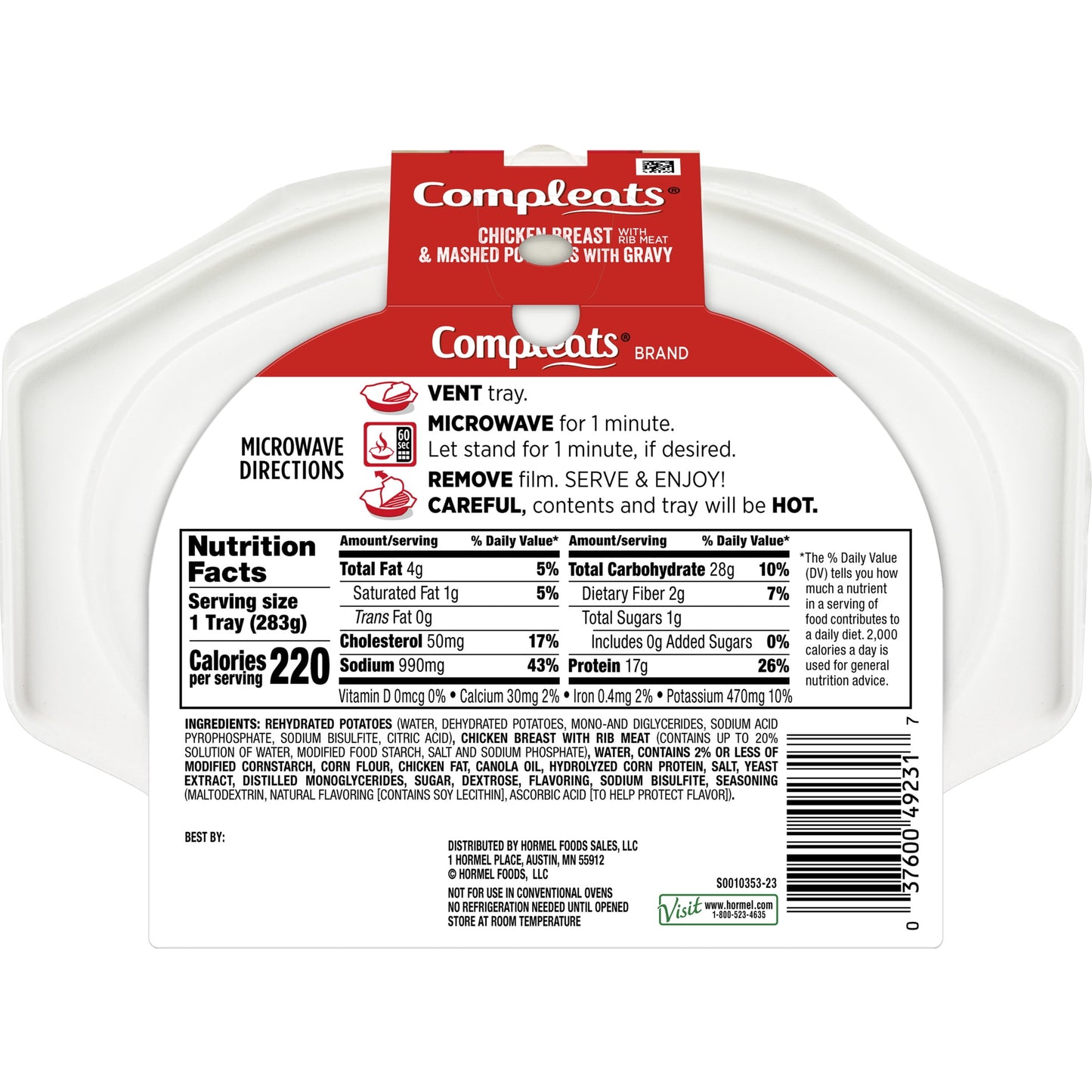 HORMEL COMPLEATS Chicken Breast with Gravy & Mashed Potatoes, Shelf Stable, 10 oz Plastic Tray