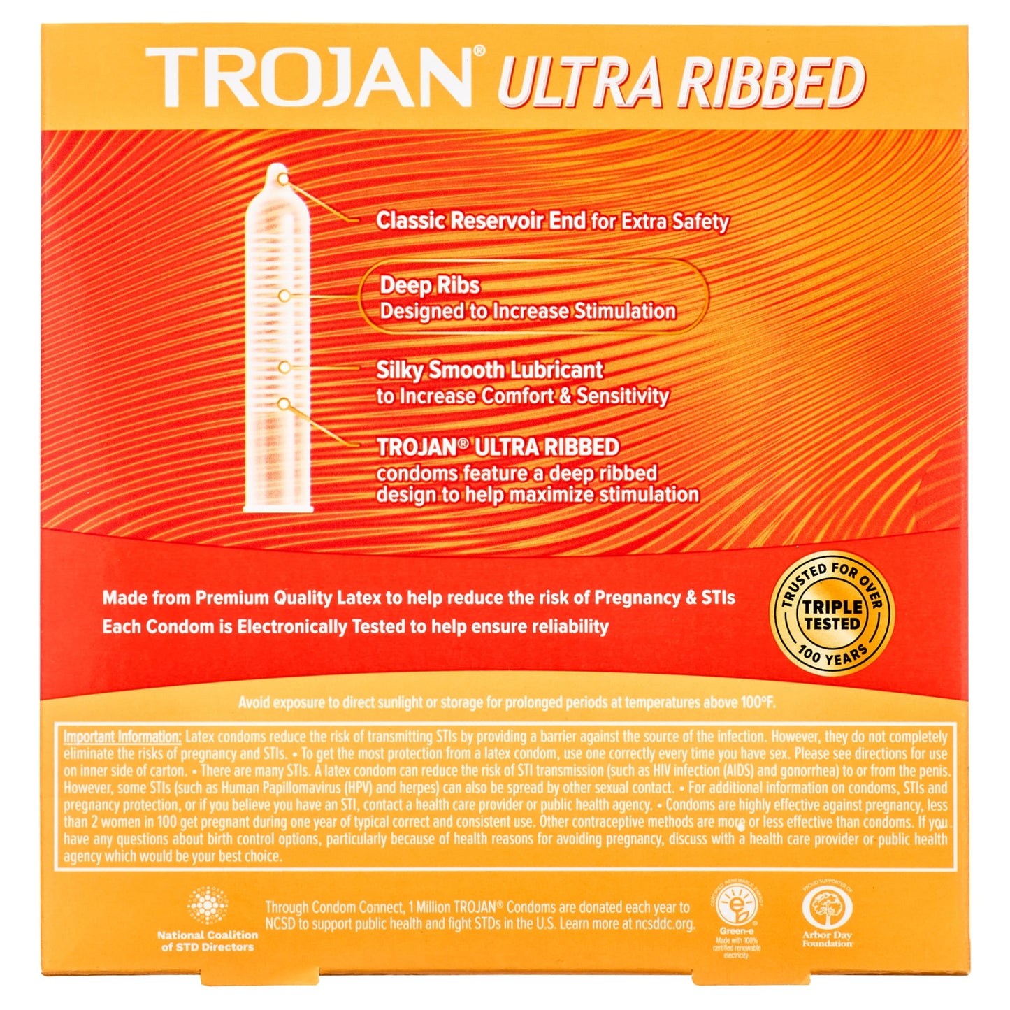 TROJAN Ultra Ribbed Lubricated Condoms for Ultra Stimulation, 36 Count, 1 Pack