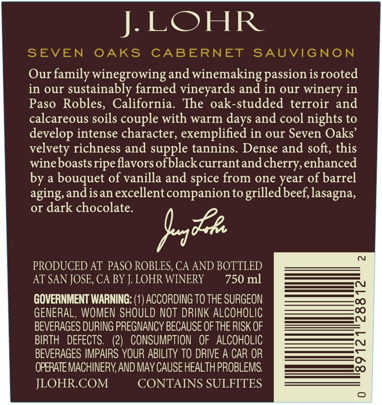 J. Lohr Estates Seven Oaks Cabernet Sauvignon Red Wine, Paso Robles CA, 13.9% ABV, 750ml Glass Bottle, 5-150ml Servings