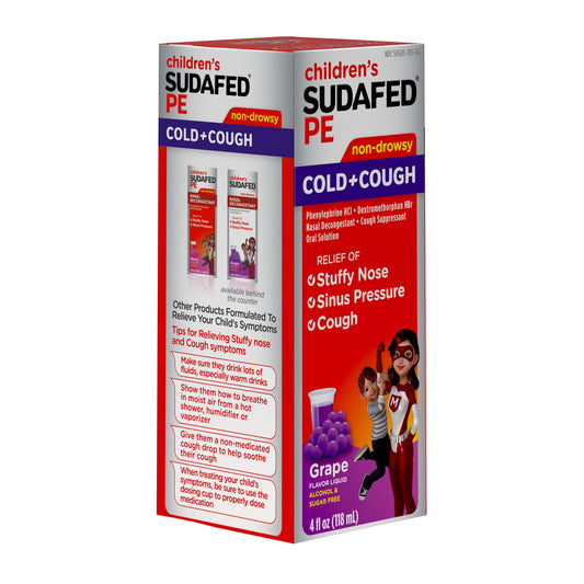 Children's Sudafed PE Cold + Cough Suppressant, Cold Medicine & Nasal Decongestant, Grape Flavor Liquid Cough Relief, 4 fl. oz