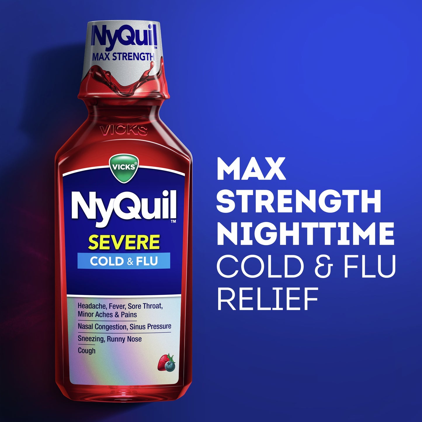 Vicks NyQuil Severe Cold & Flu Liquid, Nighttime Relief, over-the-Counter Medicine, Berry, 2x12 oz