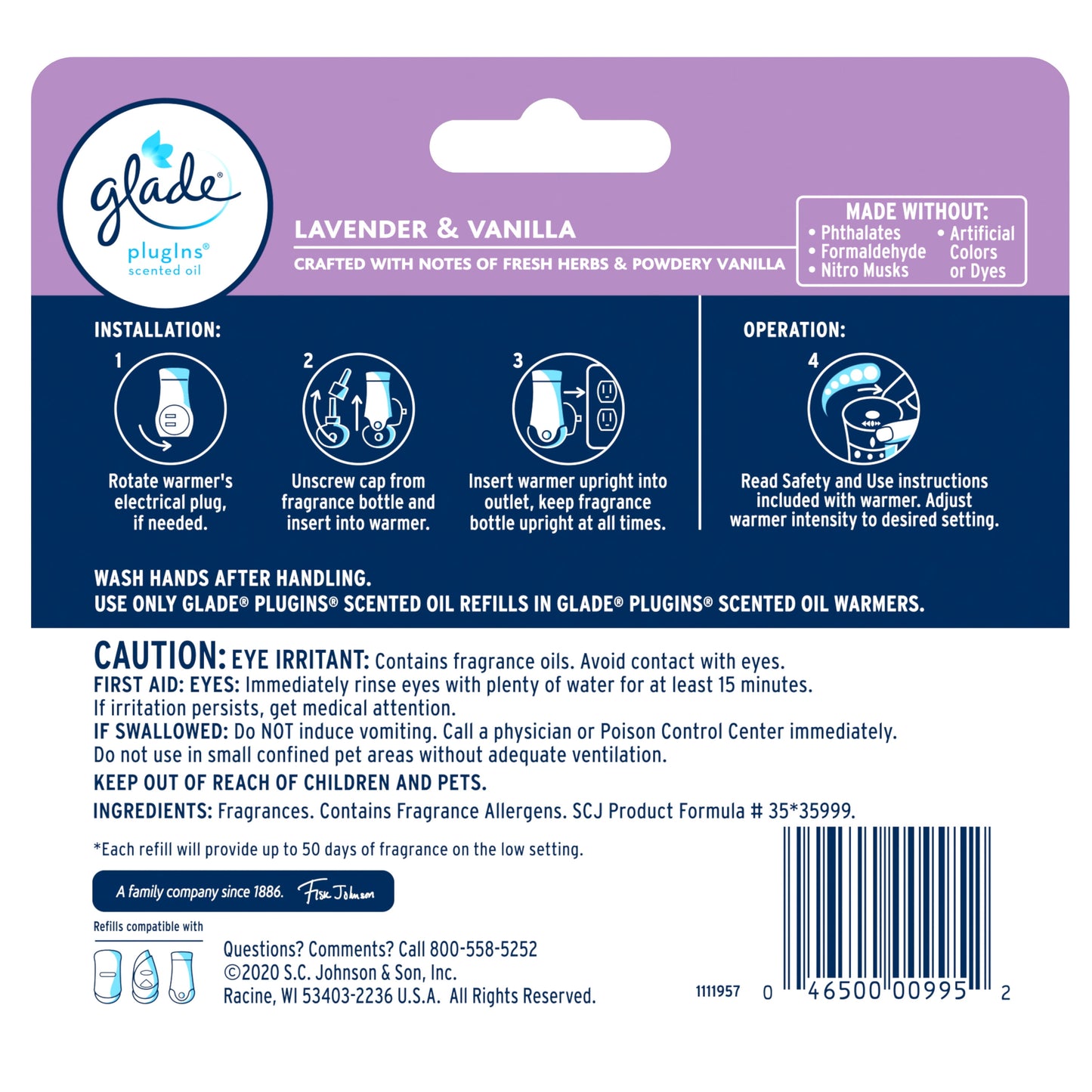 Glade PlugIns Refill 5 ct, Lavender & Vanilla, 3.35 FL. oz. Total, Scented Oil Air Freshener Infused with Essential Oils