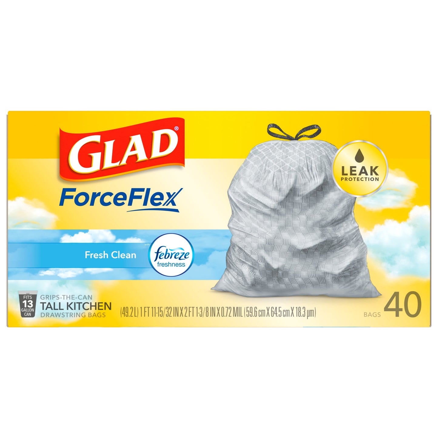 Glad ForceFlex 13 Gallon Tall Kitchen Trash Bags, Fresh Clean Scent, Febreze Freshness, 40 Bags