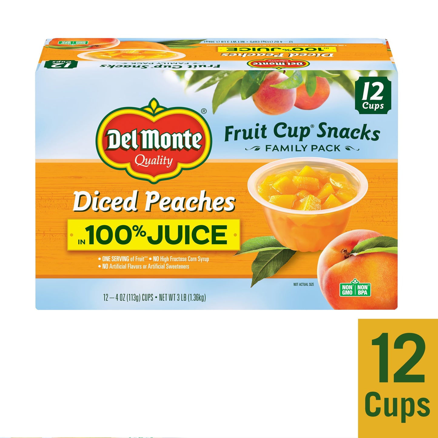 (12 Cups) Del Monte Diced Peaches Fruit Cup Snacks, 100% Juice, 4 oz