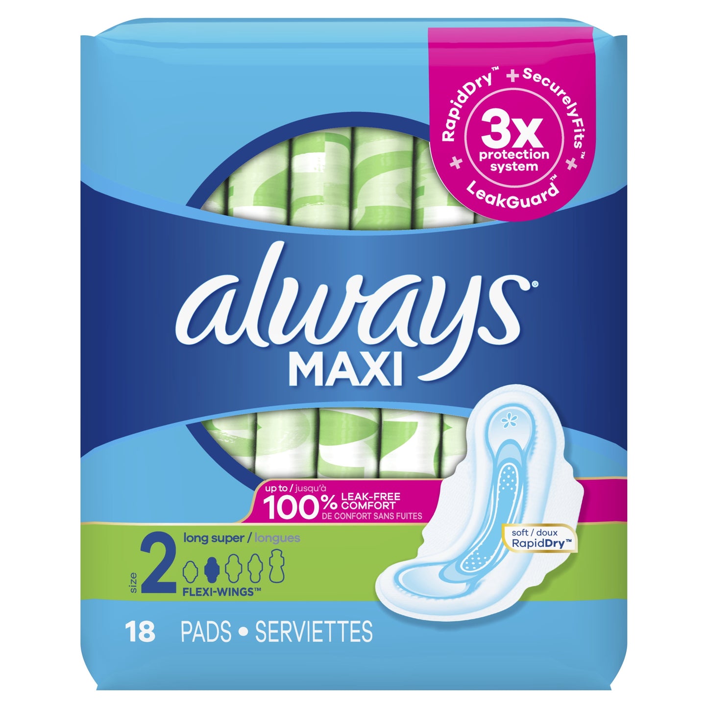 Always Maxi Pads with Wings, Size 2, Long Super Absorbency, 18 CT