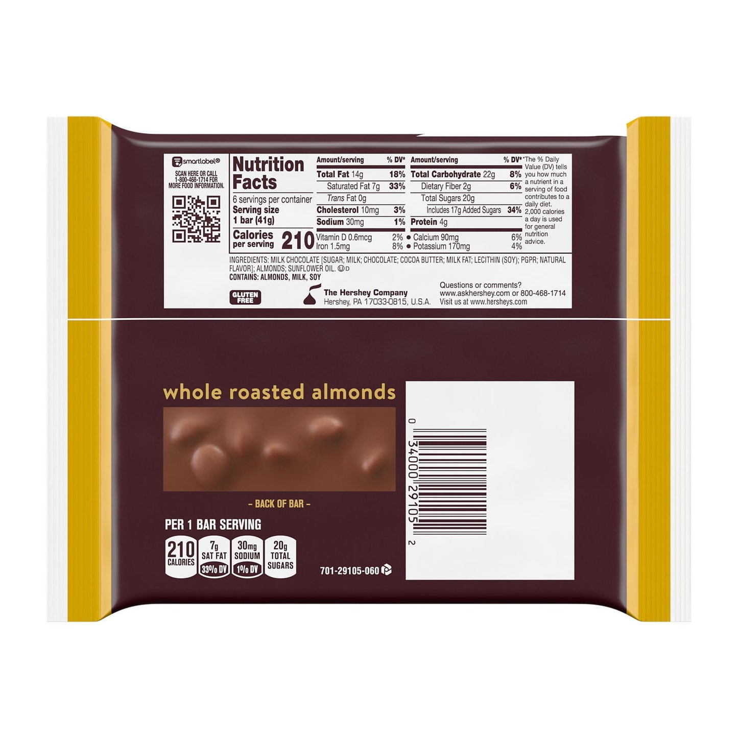 Hershey's Milk Chocolate with Whole Almonds Candy, Bars 1.45 oz, 6 Count