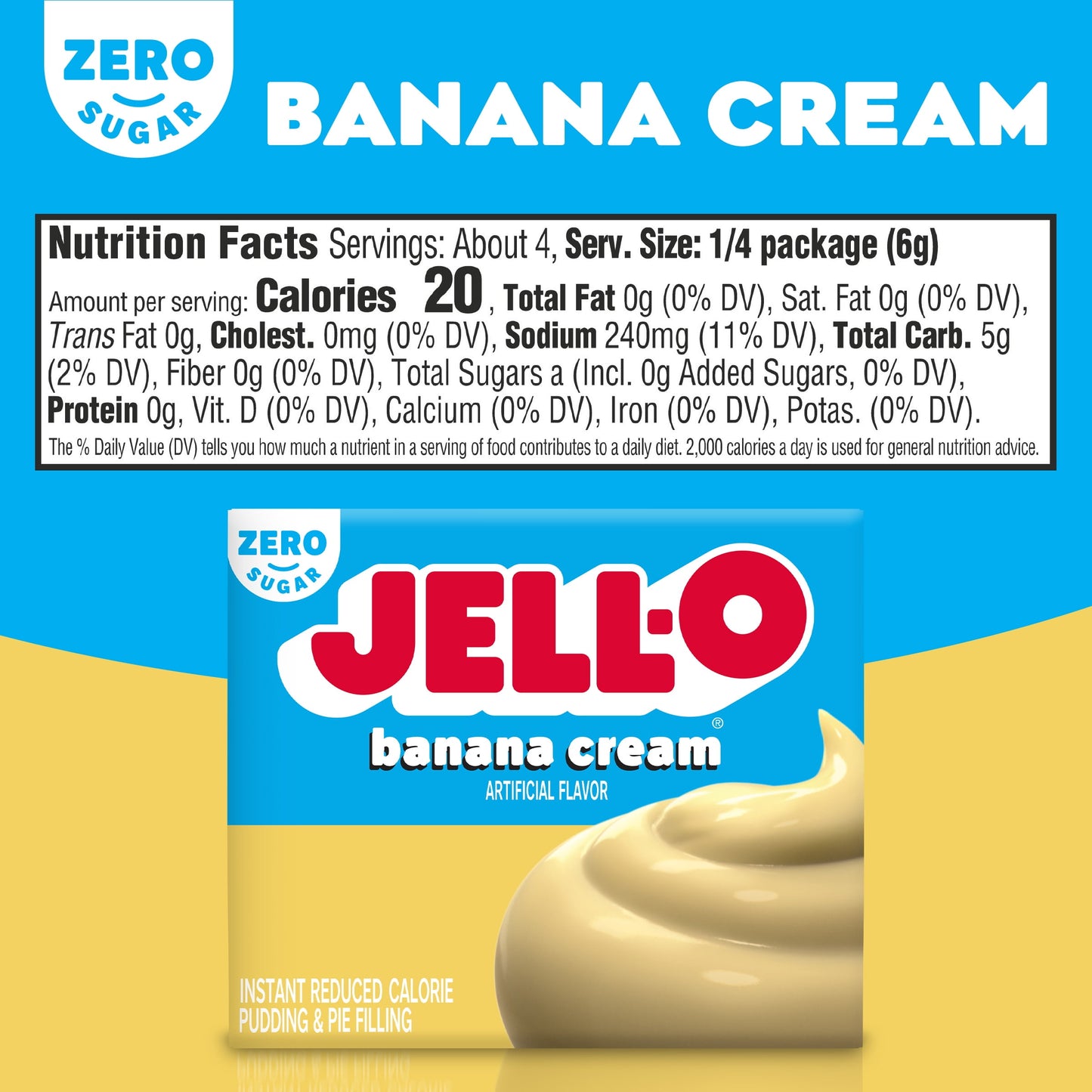 Jell-O Banana Cream Artificially Flavored Zero Sugar Instant Reduced Calorie Pudding & Pie Filling Mix, 0.9 oz Box