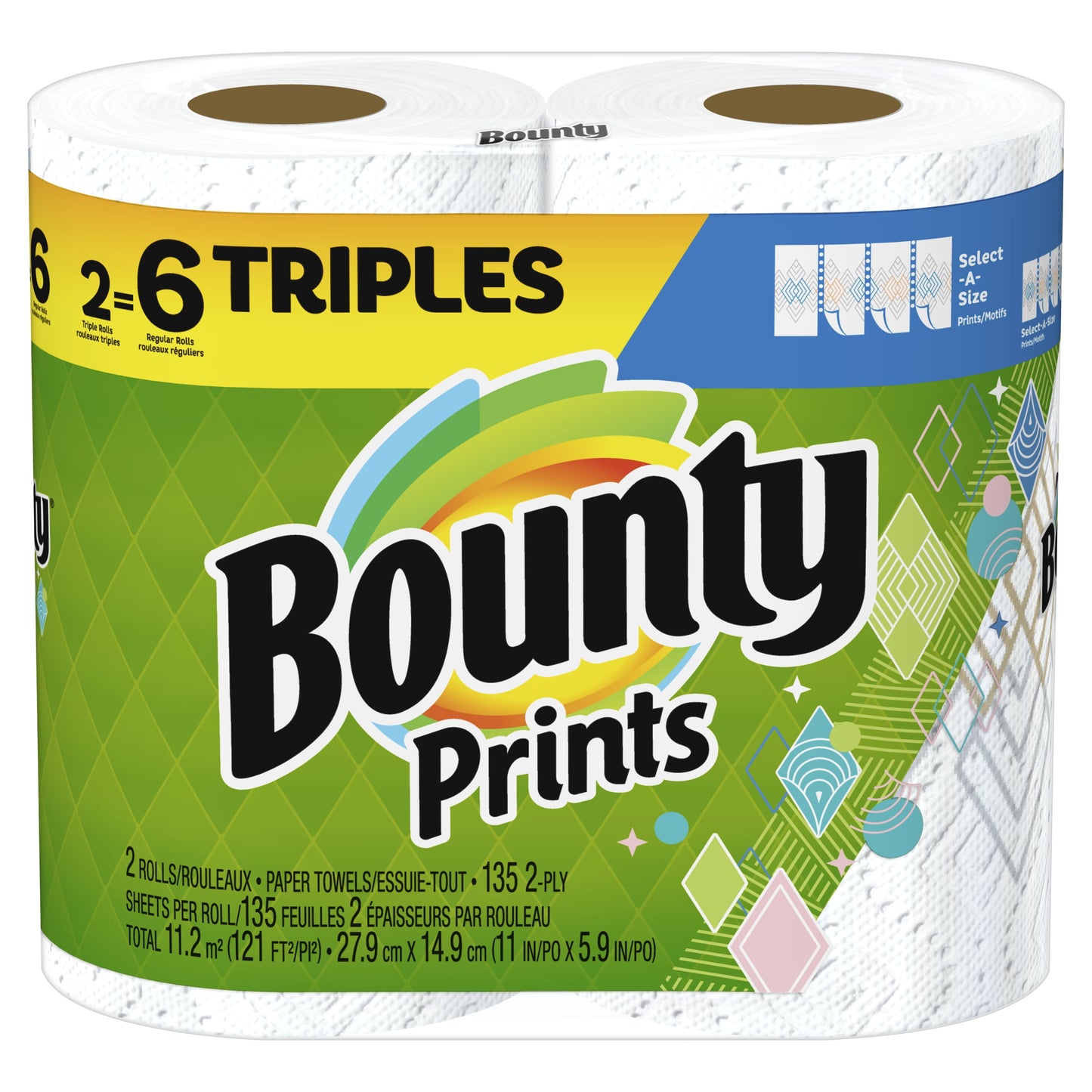 Bounty Select-a-Size Paper Towels, 2 Triple Rolls, Print