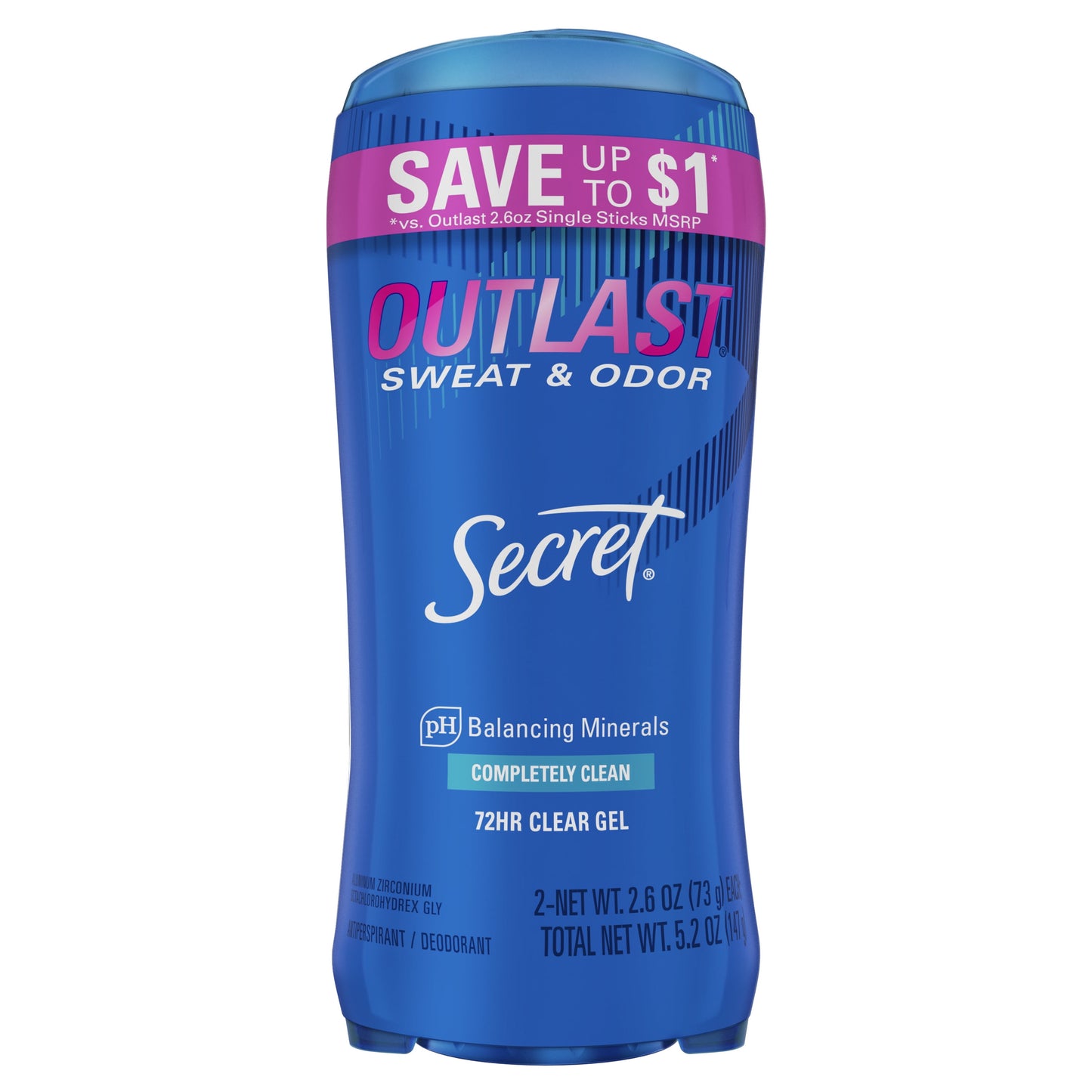 Secret Outlast Clear Gel Antiperspirant Deodorant for Women, Completely Clean, 2.6 oz each, Pack of 2