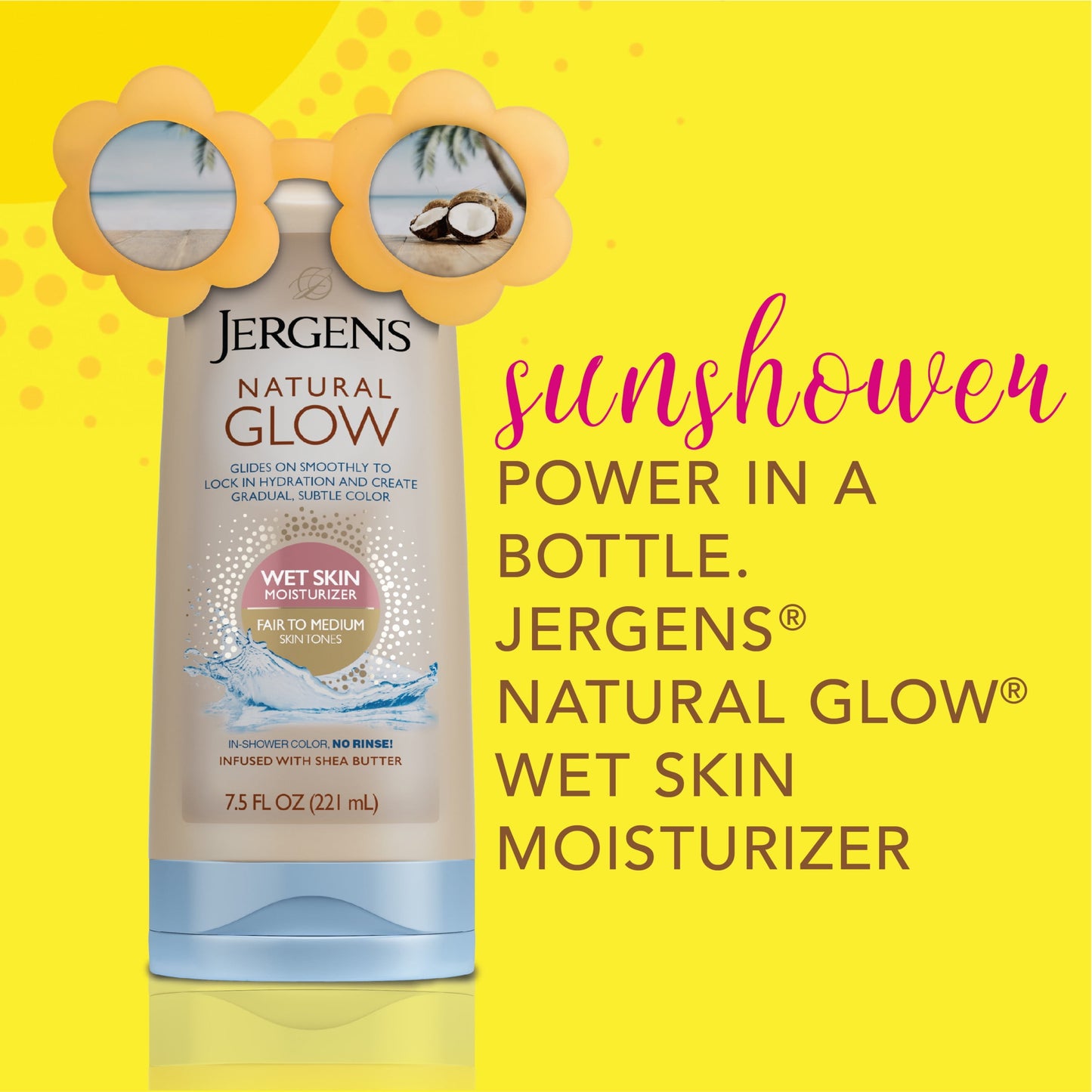 Jergens Hand and Body Lotion, Natural Glow Sunless Tanning In-shower Body Lotion, Fair to Medium Skin Tone, 7.5 Oz