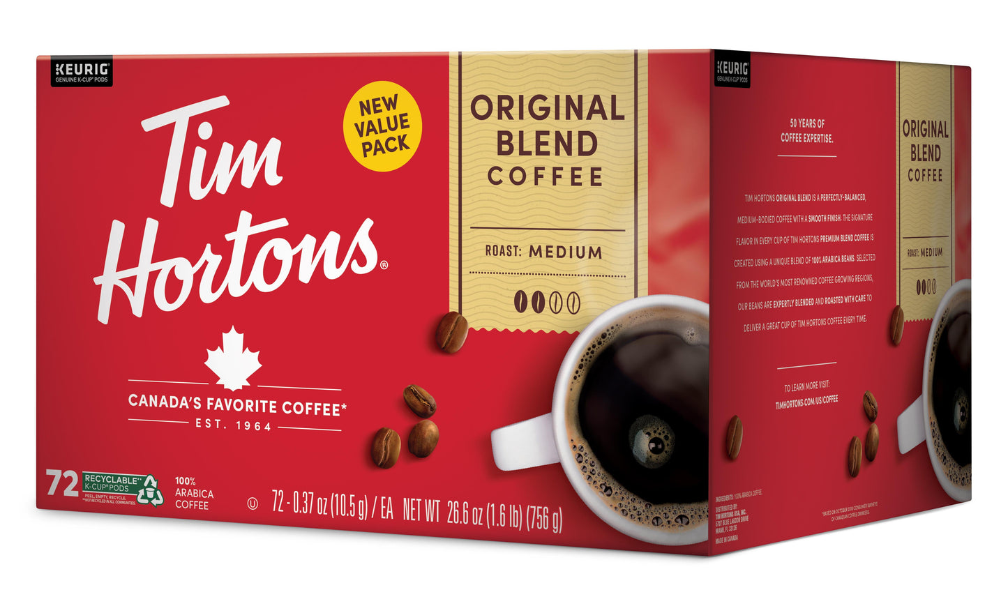 Tim Hortons Original Blend Medium Roast K-Cup Coffee Pods for Keurig Brewers, 72 Ct