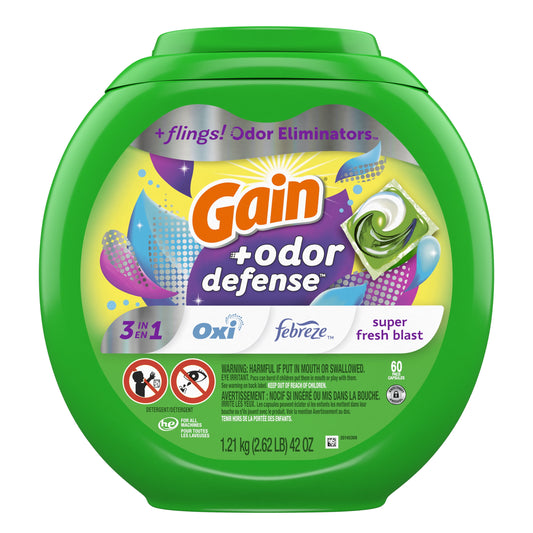 Gain Flings Laundry Detergent Pacs with Odor Defense, 60 Ct, Super Fresh