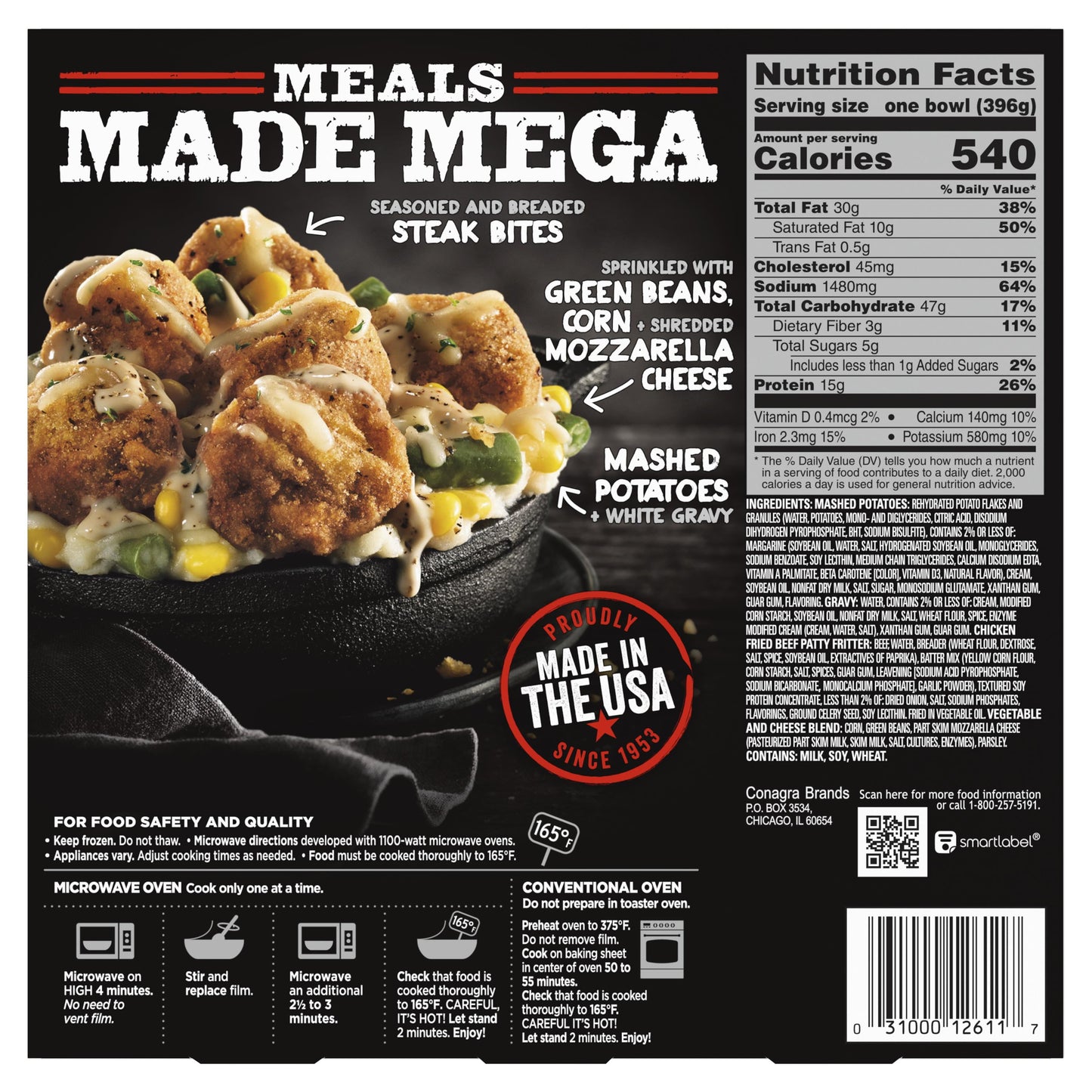 Banquet Mega Bowls Chicken Fried Beef Steak Frozen Meal, 14 oz (Frozen)