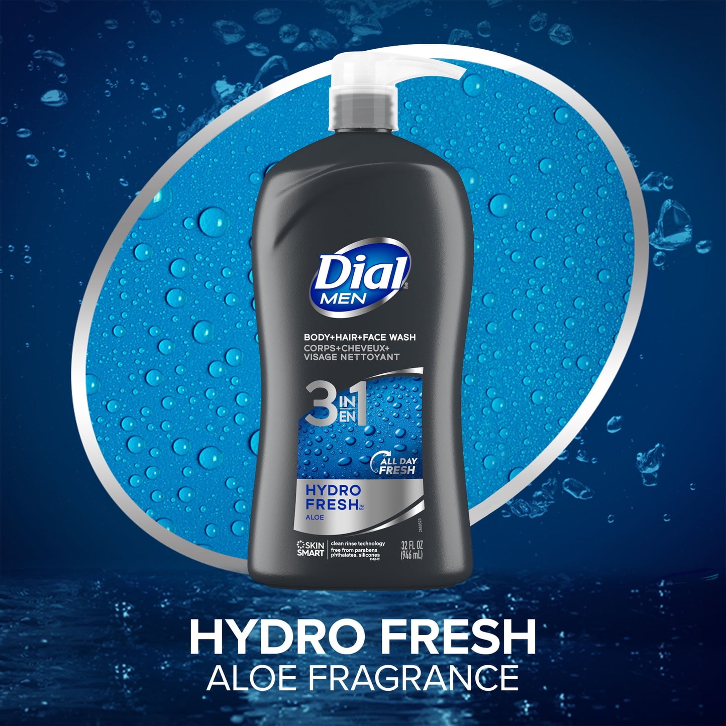 Dial Men 3in1 Body, Hair and Face Wash, Hydro Fresh, 32 fl oz