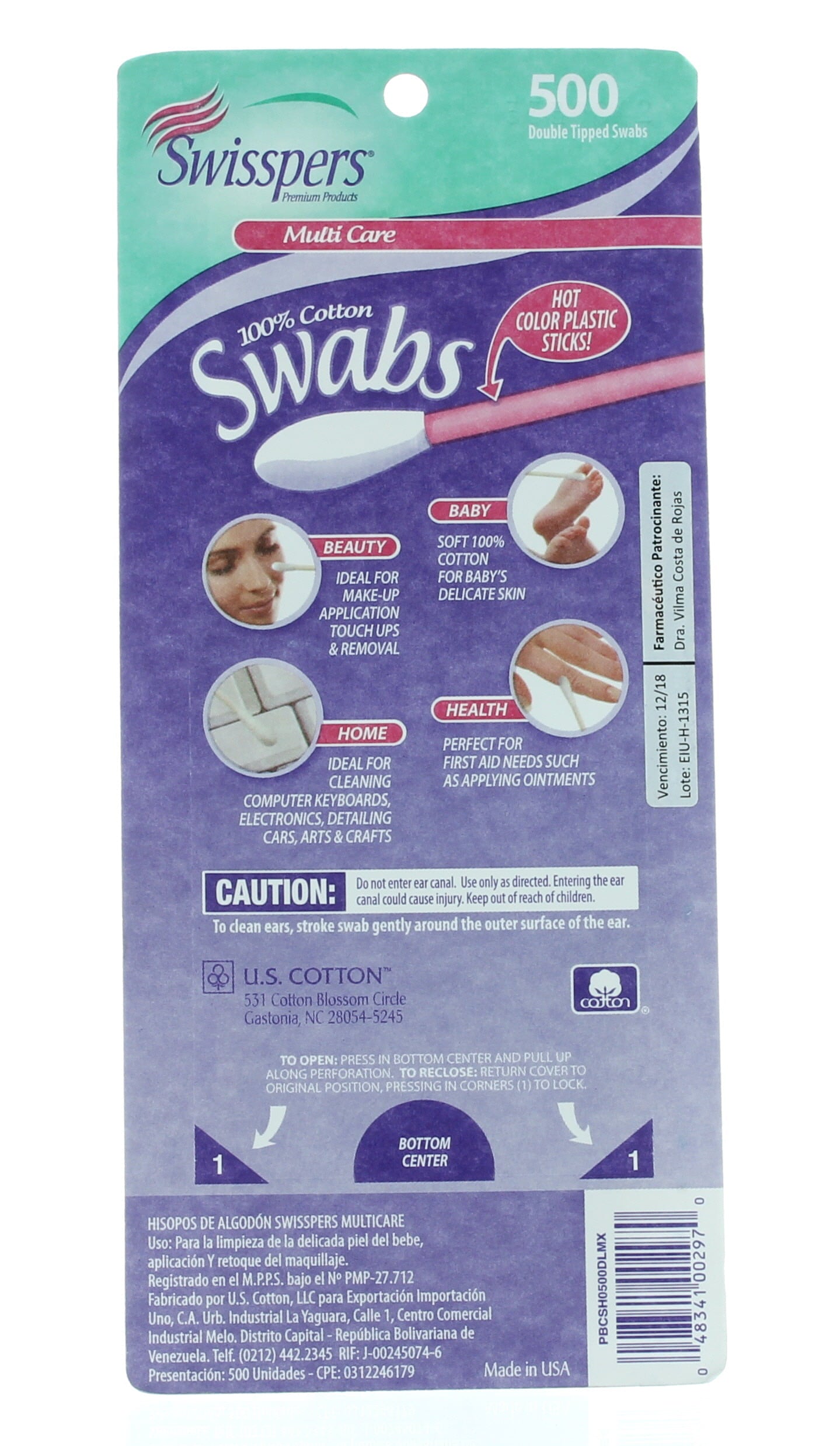 Swisspers Multi Care Cotton Swabs, 500 Count