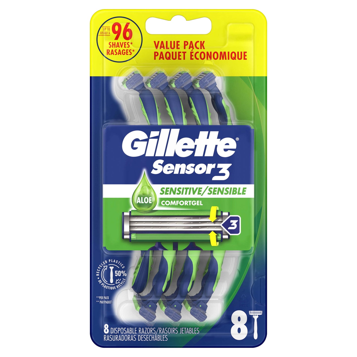 Sensor3 Sensitive Men's Disposable Razor, 8 Razors