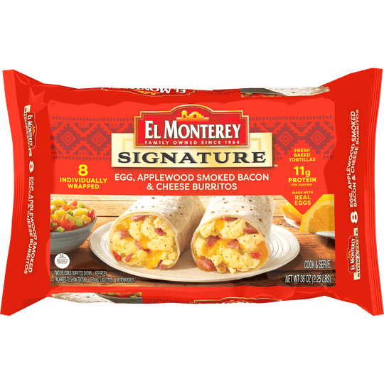 El Monterey Signature Egg, Applewood Smoked Bacon & Cheese Burritos 8 Ct, 36 oz (Frozen)