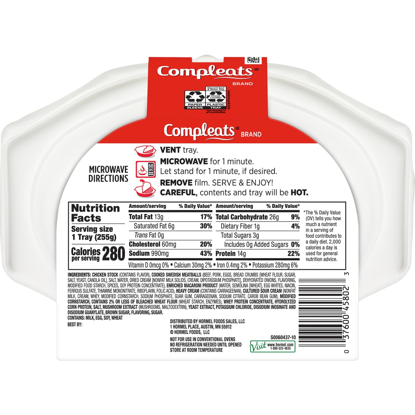 HORMEL COMPLEATS Swedish Meatballs with Pasta in Cream Sauce, Shelf Stable, 9 oz Plastic Tray