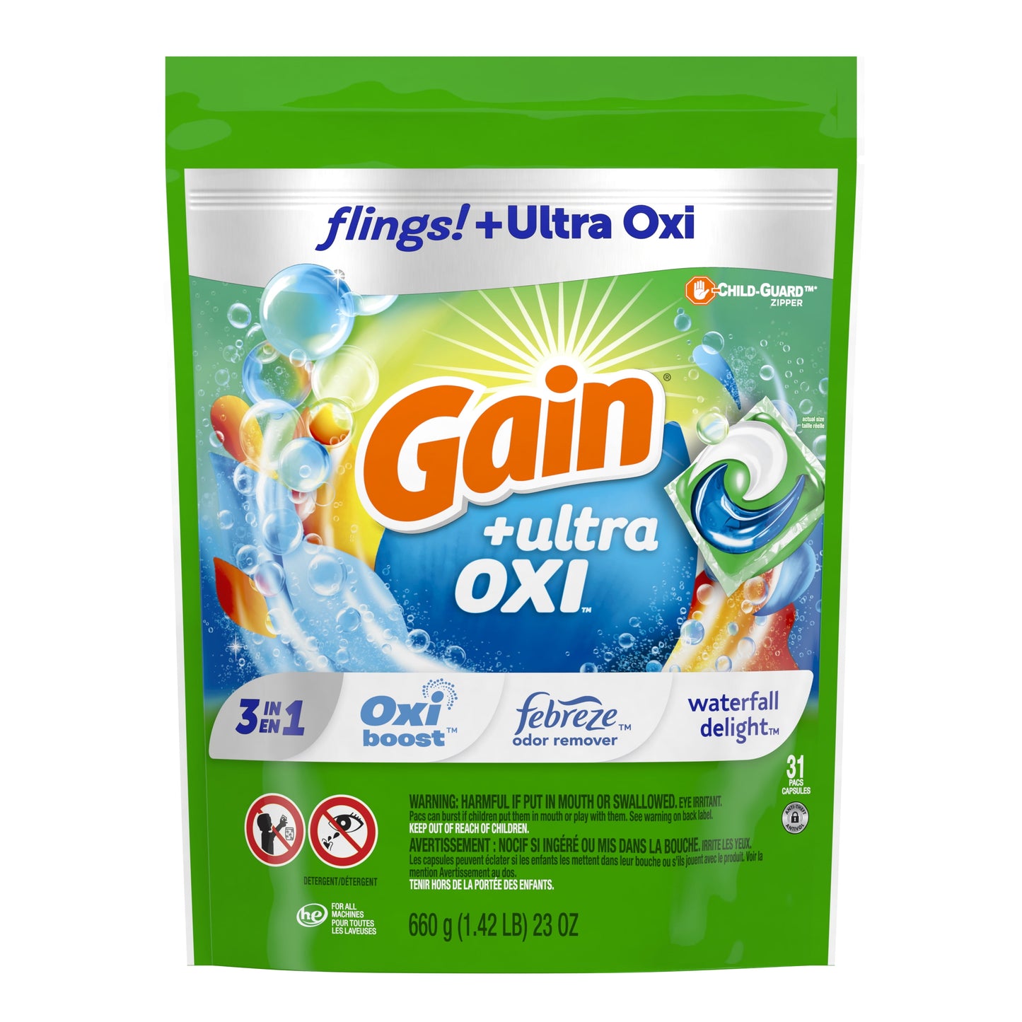 Gain Flings Ultra Oxi Laundry Detergent Pacs 31 Ct Waterfall Delight