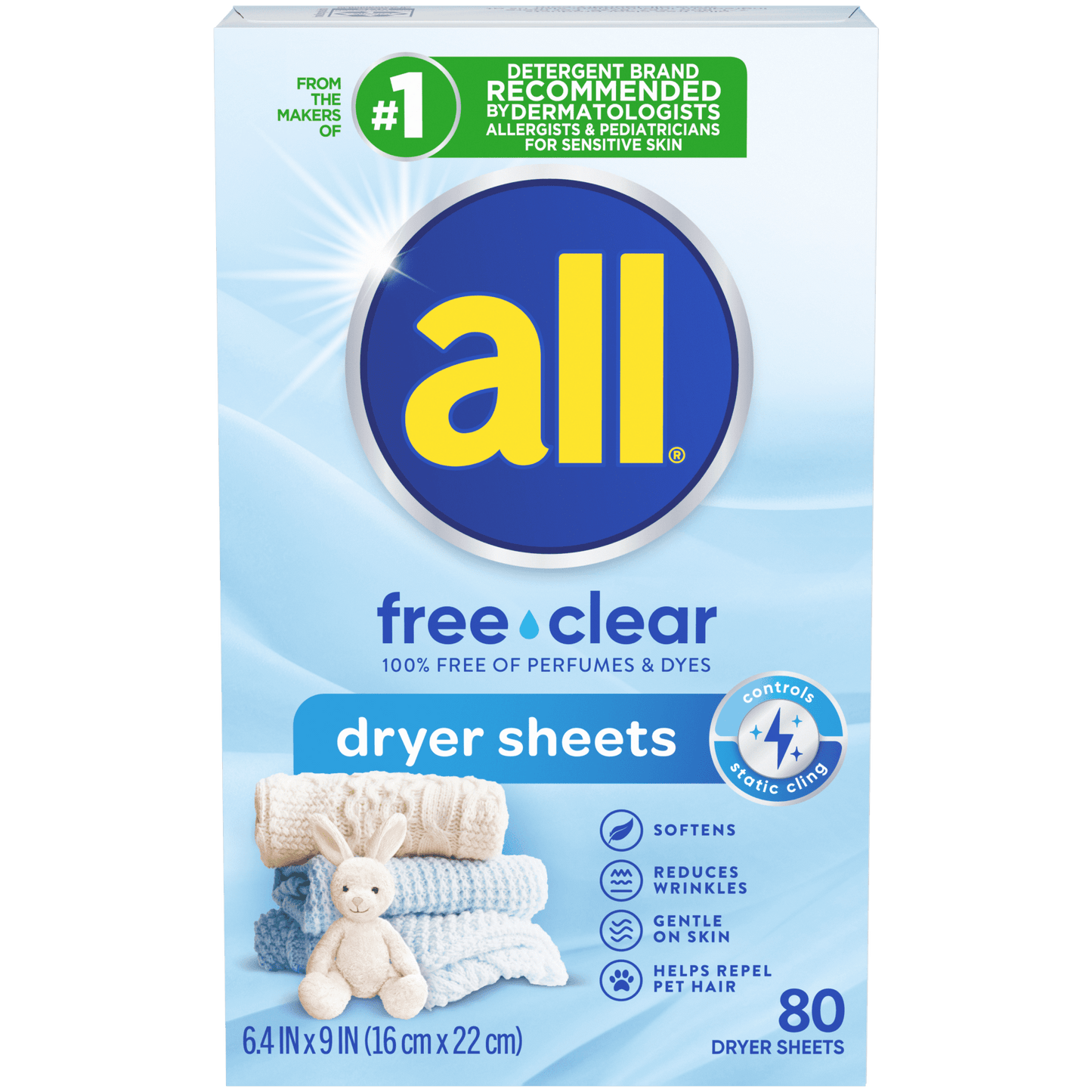 all Fabric Softener Dryer Sheets for Sensitive Skin, Free Clear, 80 Count