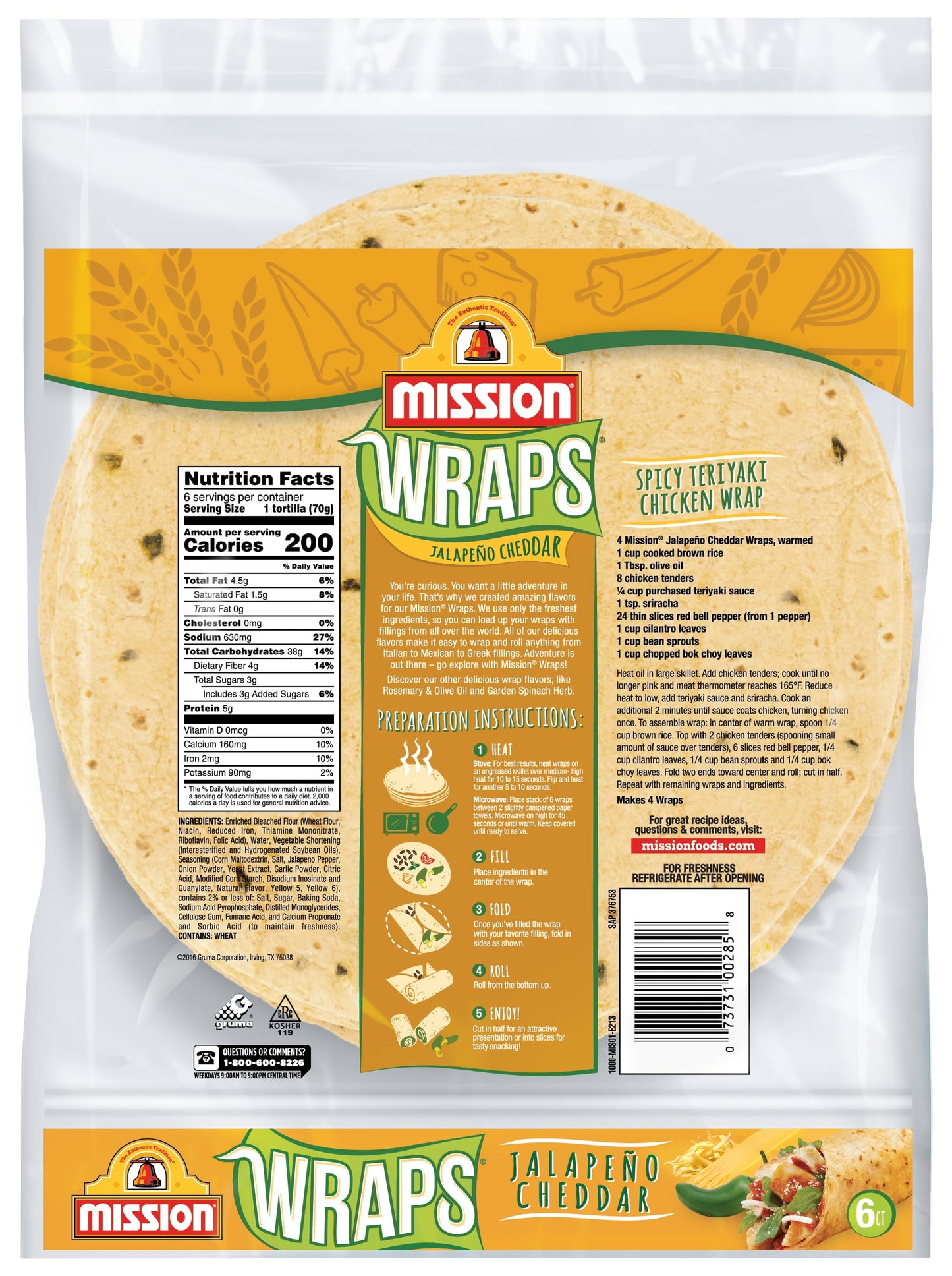 Mission Jalapeno Cheddar Flour Tortilla Wraps, 6 Count