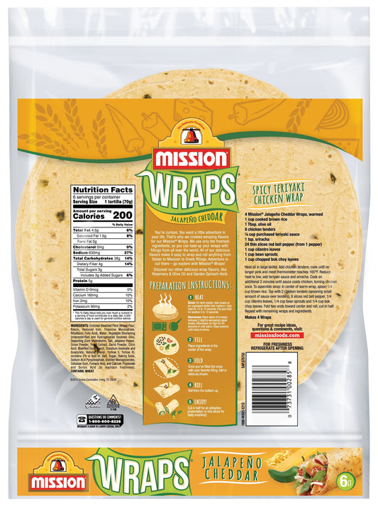 Mission Jalapeno Cheddar Flour Tortilla Wraps, 6 Count