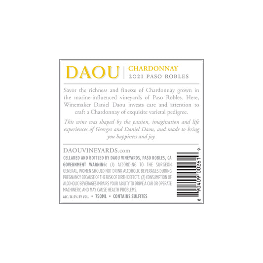 Daou Chardonnay White Wine, Paso Robles CA, 750ml Glass Bottle, 5-150ml Servings