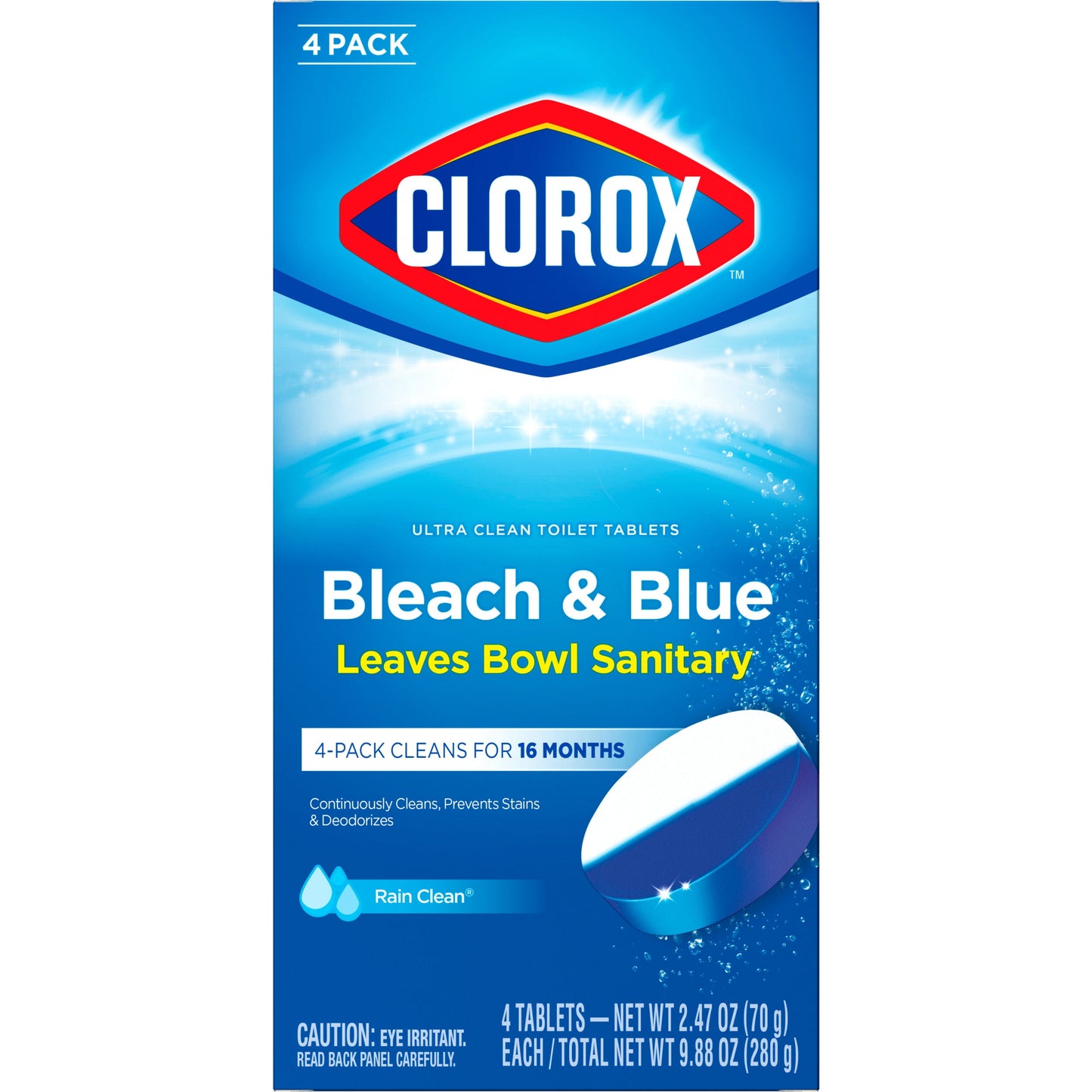 Clorox Bleach and Blue Toilet Bowl Cleaner Tablets, Rain Clean, 4 Count