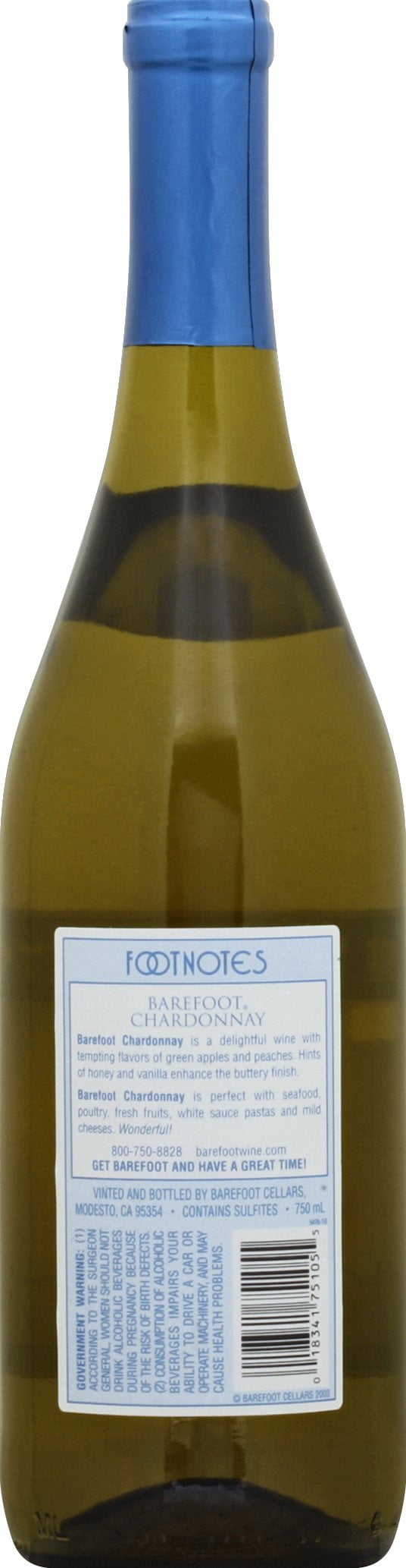 Barefoot Cellars Chardonnay California Wine, 750 ml Glass Bottle