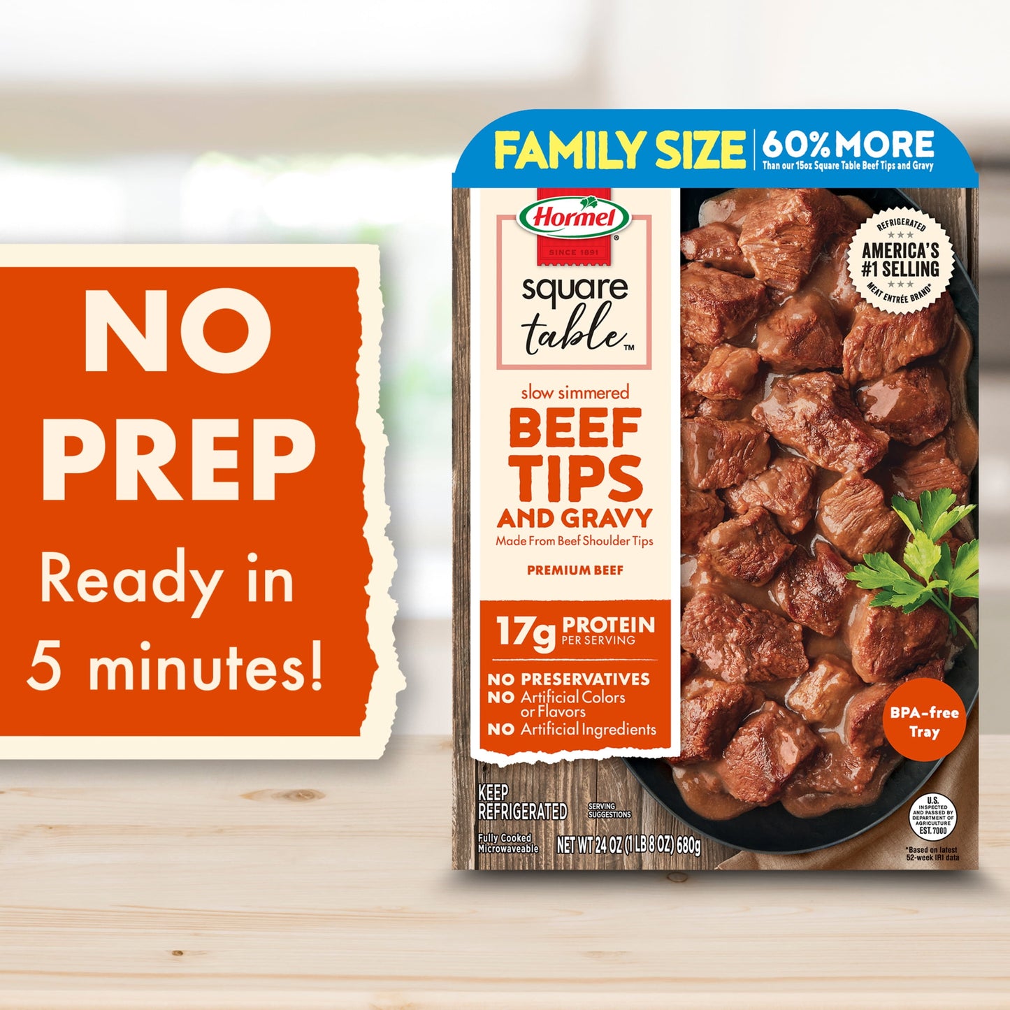 HORMEL SQUARE TABLE Slow Simmered Beef Tips & Gravy Family Size Refrigerated Entrée Chopped, 24 oz Plastic Tray