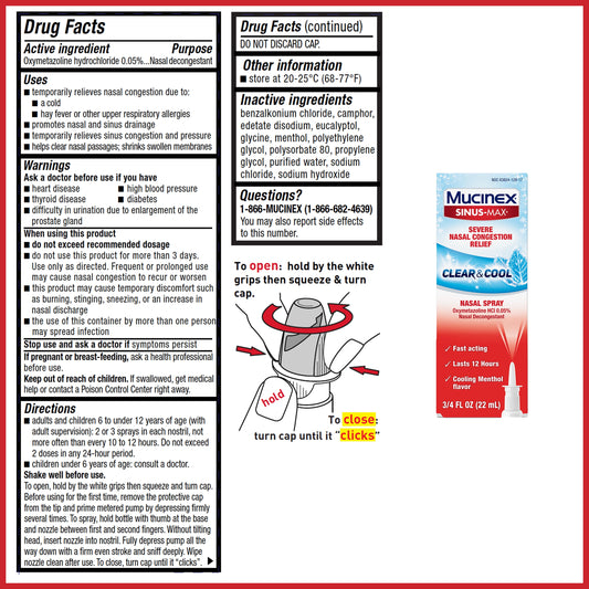 Mucinex Sinus Max Nasal Spray, Nasal Congestion Relief, Cooling Menthol, 0.75 fl oz