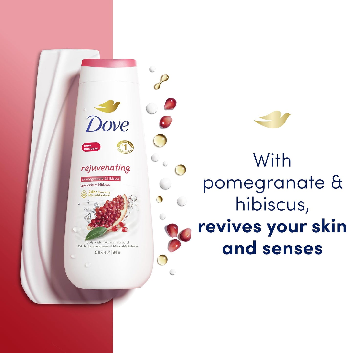 Dove Rejuvenating Long Lasting Gentle Body Wash, Pomegranate and Hibiscus, 20 fl oz