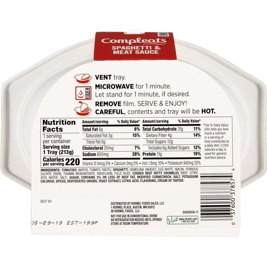 HORMEL COMPLEATS Spaghetti & Meat Sauce, Shelf Stable, 7.5 oz Plastic Tray