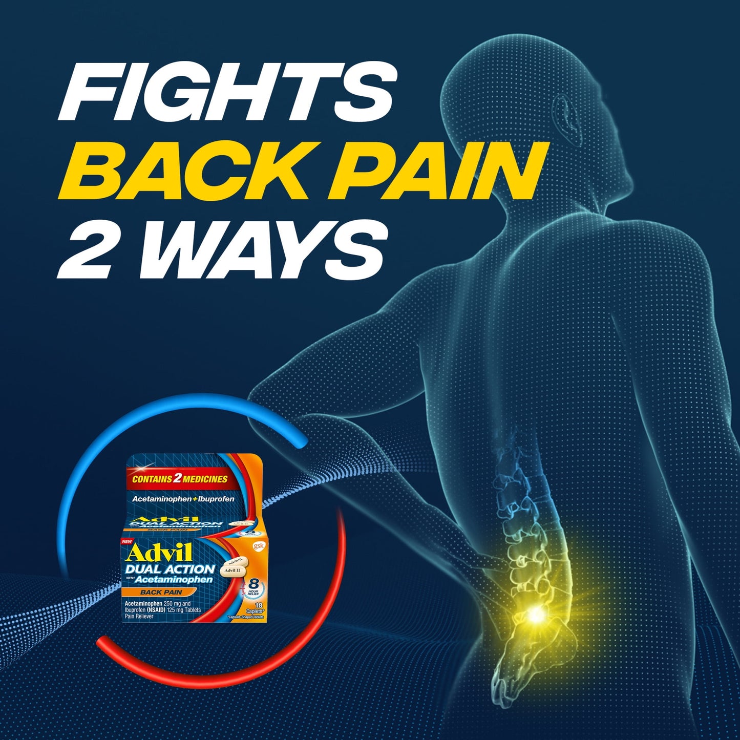 Advil Dual Action Back Pain Caplets Delivers 250Mg Ibuprofen and 500Mg Acetaminophen Per Dose for 8 Hours of Back Pain Relief - 18 Count