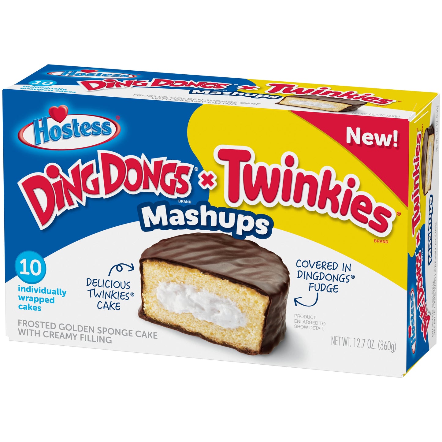 Hostess Ding Dong Twinkie Mash-Up 12.7oz 10 count.  Frosted Golden Sponge Cake with Creamy Filling