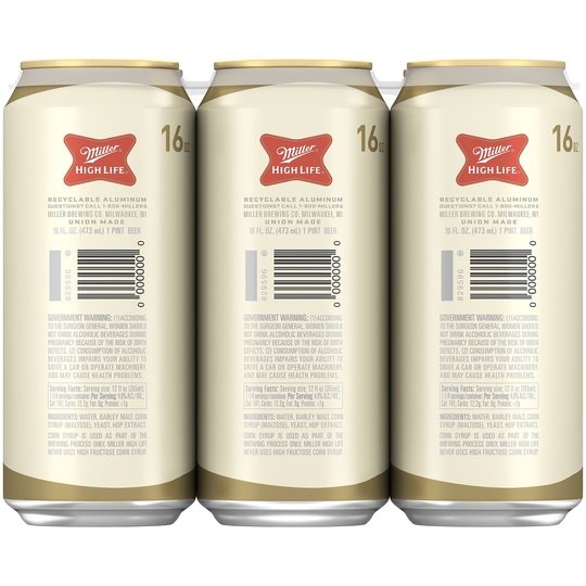 Miller High Life Lager Beer, 6 Pack, 16 fl oz Cans, 4.6% ABV