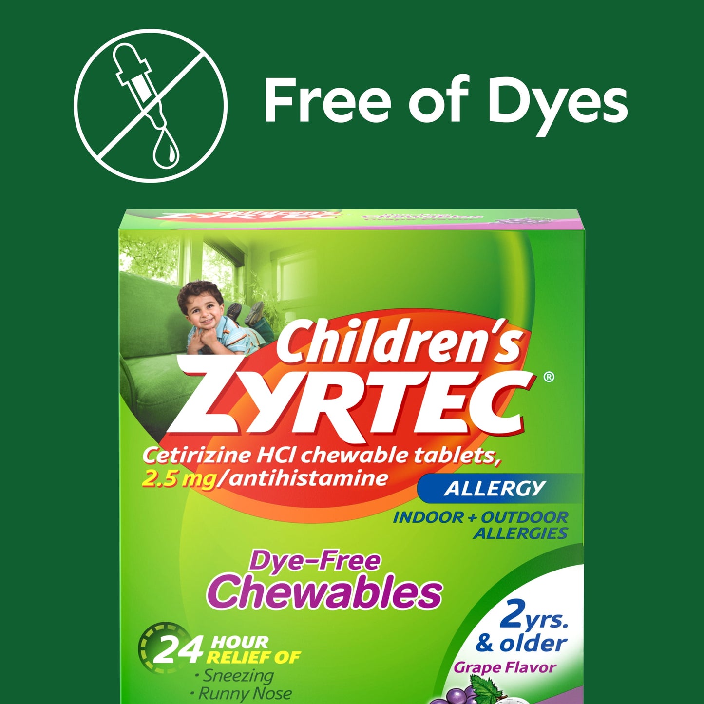 Zyrtec 24 Hour Children's Allergy Chews, 2+ yrs, 2.5 mg Grape, 24Ct