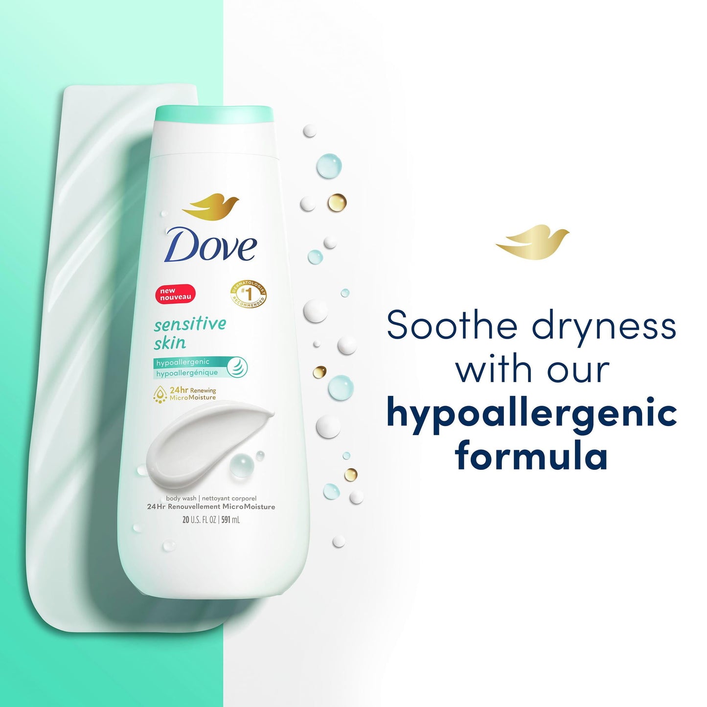 Dove Sensitive Skin Long Lasting Gentle Hypoallergenic Body Wash Twin Pack, 20 fl oz