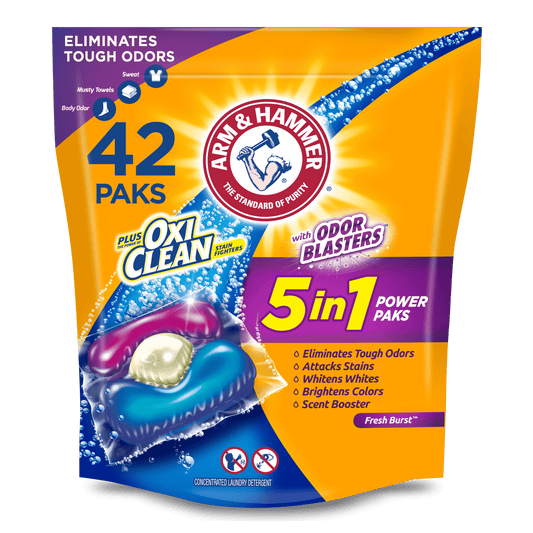 ARM & HAMMER Plus OxiClean with Odor Blasters 5-in-1 Fresh Burst Laundry Detergent Power Paks, 42 Count Bag