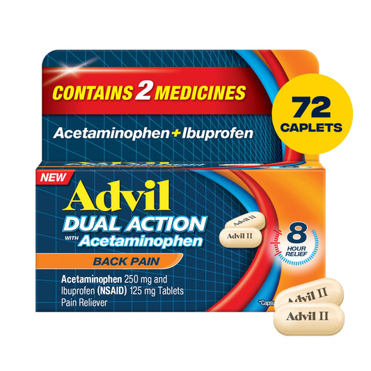 Advil Dual Action Back Pain Caplets Delivers 250Mg Ibuprofen and 500Mg Acetaminophen Per Dose for 8 Hours of Back Pain Relief - 72 Count