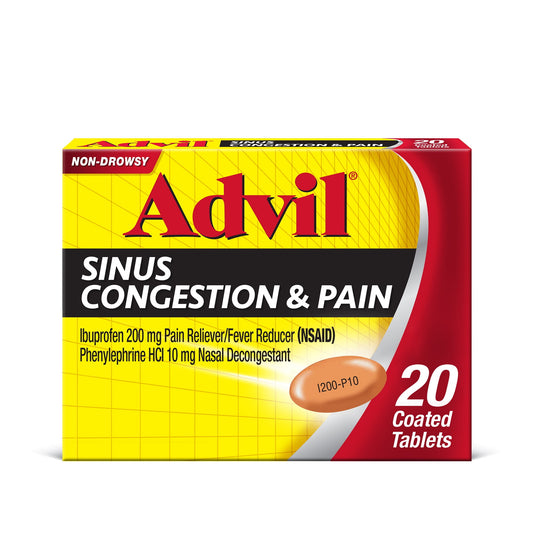 Advil Sinus Congestion and Pain, Sinus Medicine, Pain Reliever and Fever Reducer With Ibuprofen and Phenylephrine Hcl - 20 Coated Tablets