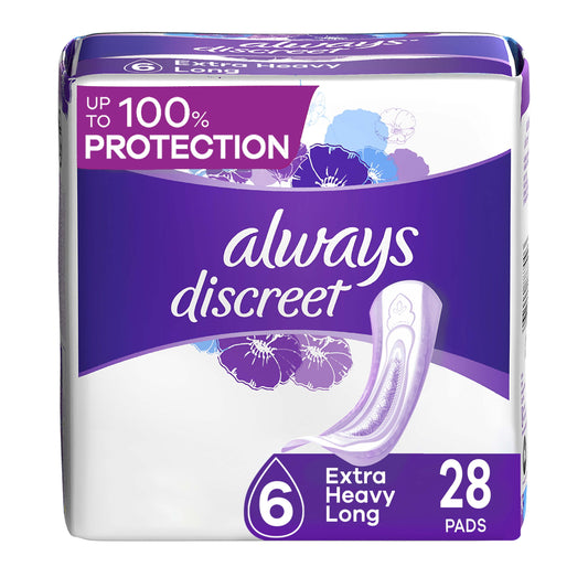 Always Discreet Extra Heavy Long Incontinence Pads, 28 Count