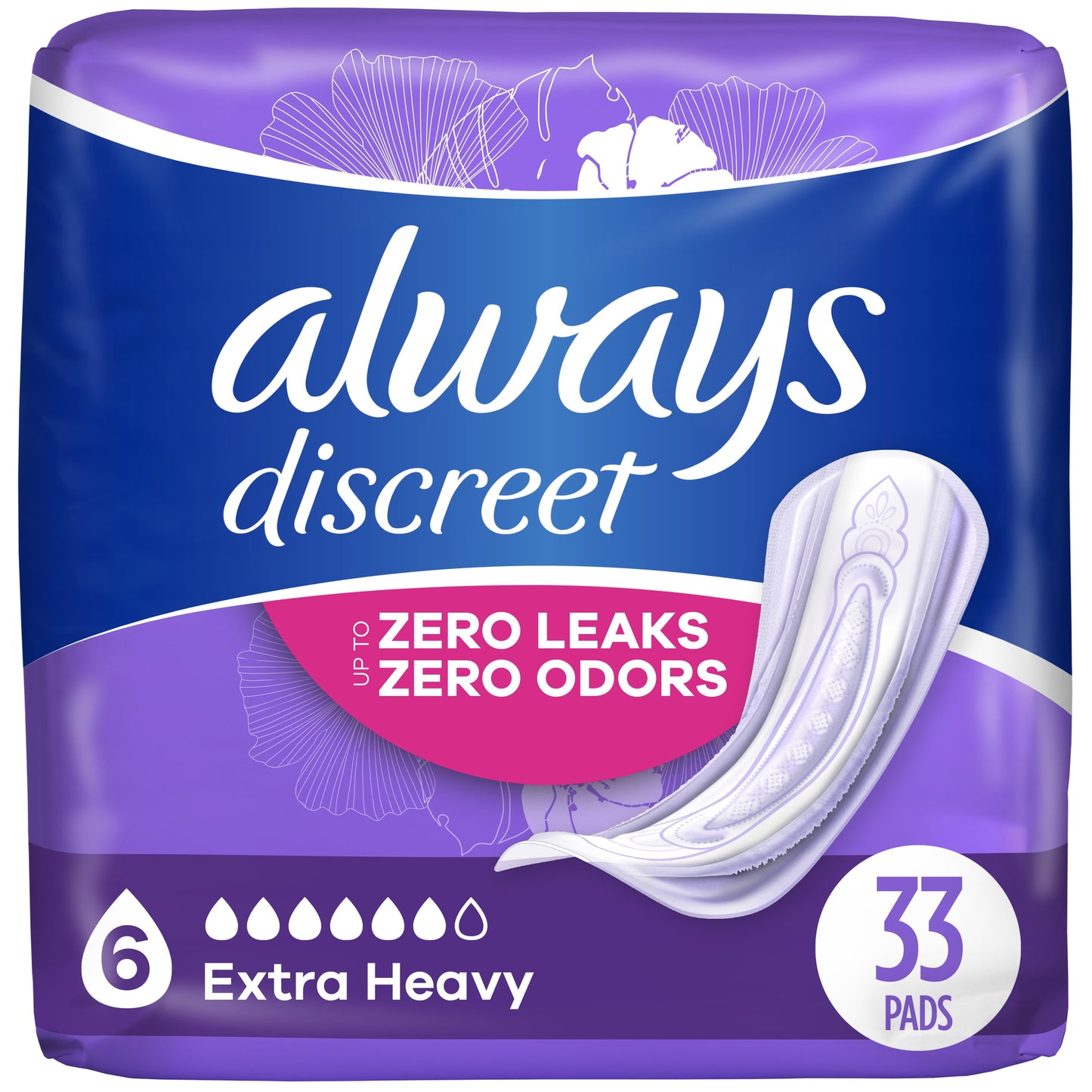 Always Discreet Incontinence Pads, Extra Heavy Absorbency, Regular Length, 33 CT