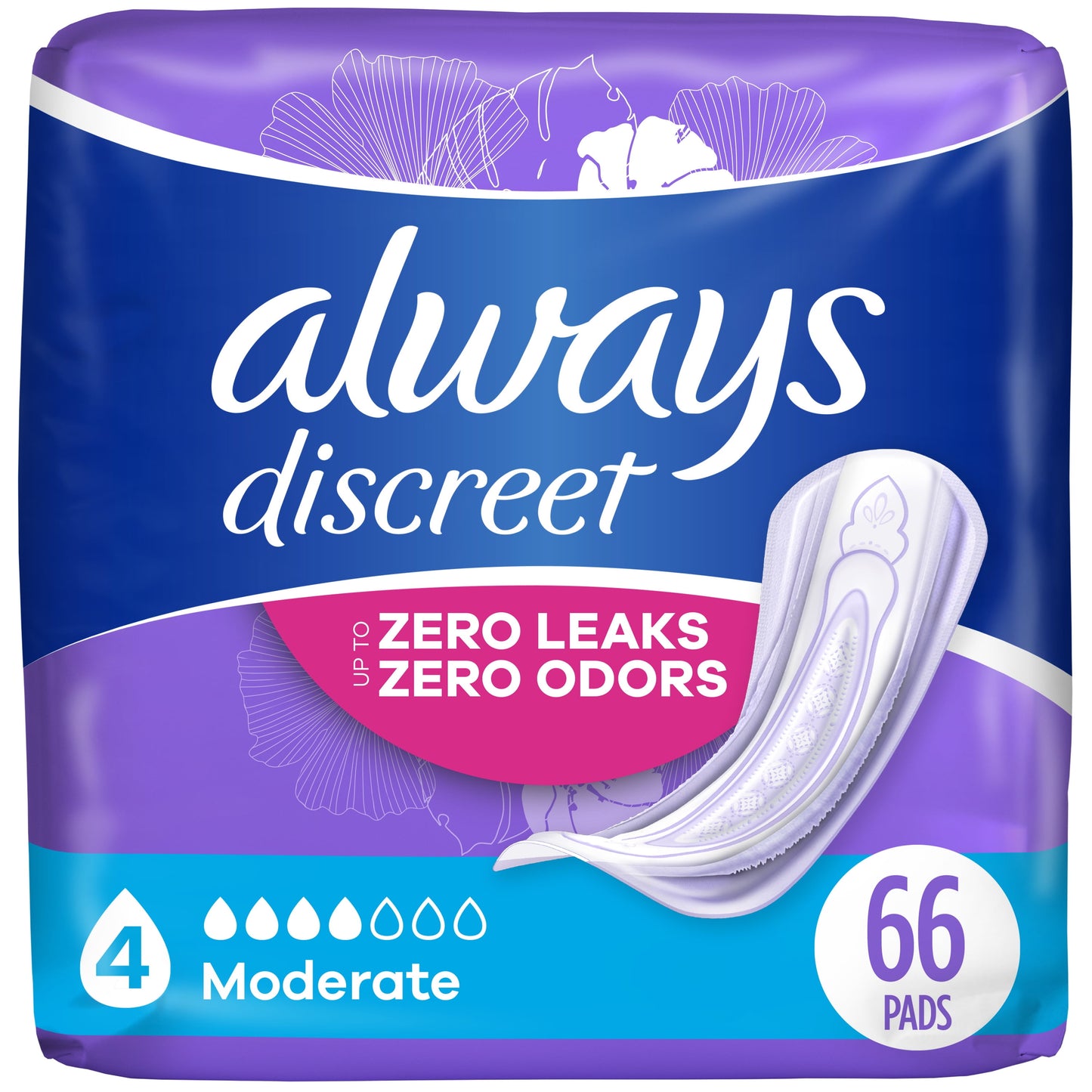 Always Discreet Incontinence Pads, Moderate Absorbency, Regular Length, 66 CT