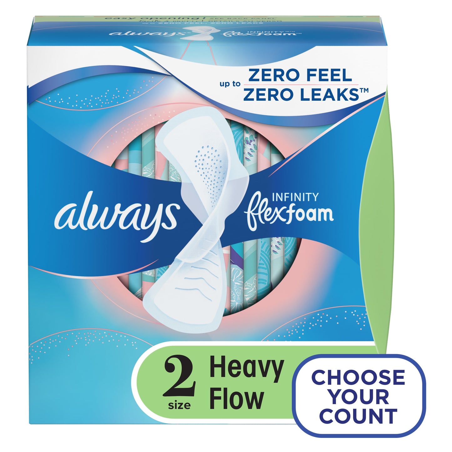 Always Infinity Feminine Pads with wings, Size 2, Heavy Absorbency, Unscented, 32 Count