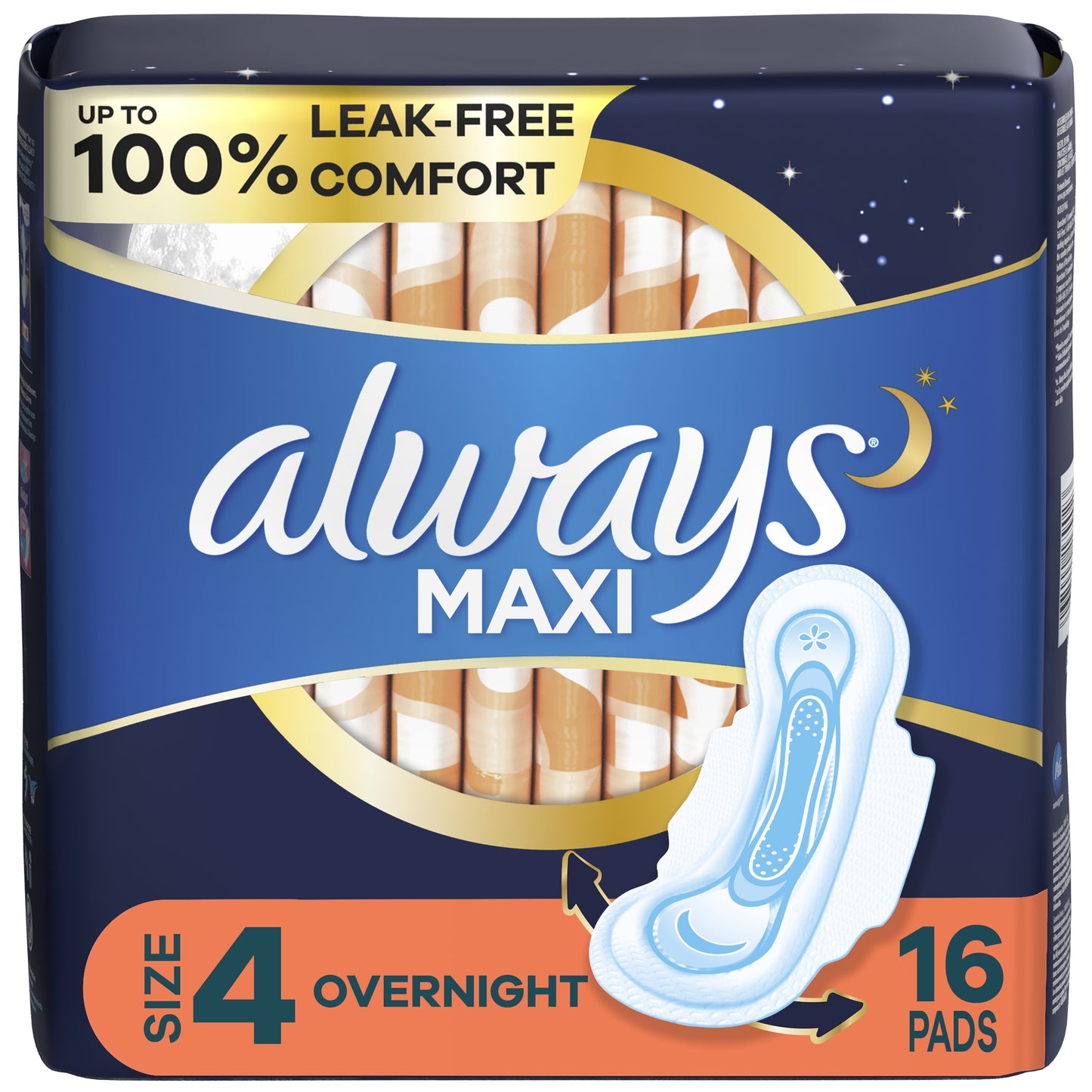 Always Maxi Overnight Pads with Wings, Size 4, Overnight Absorbency, 16 CT