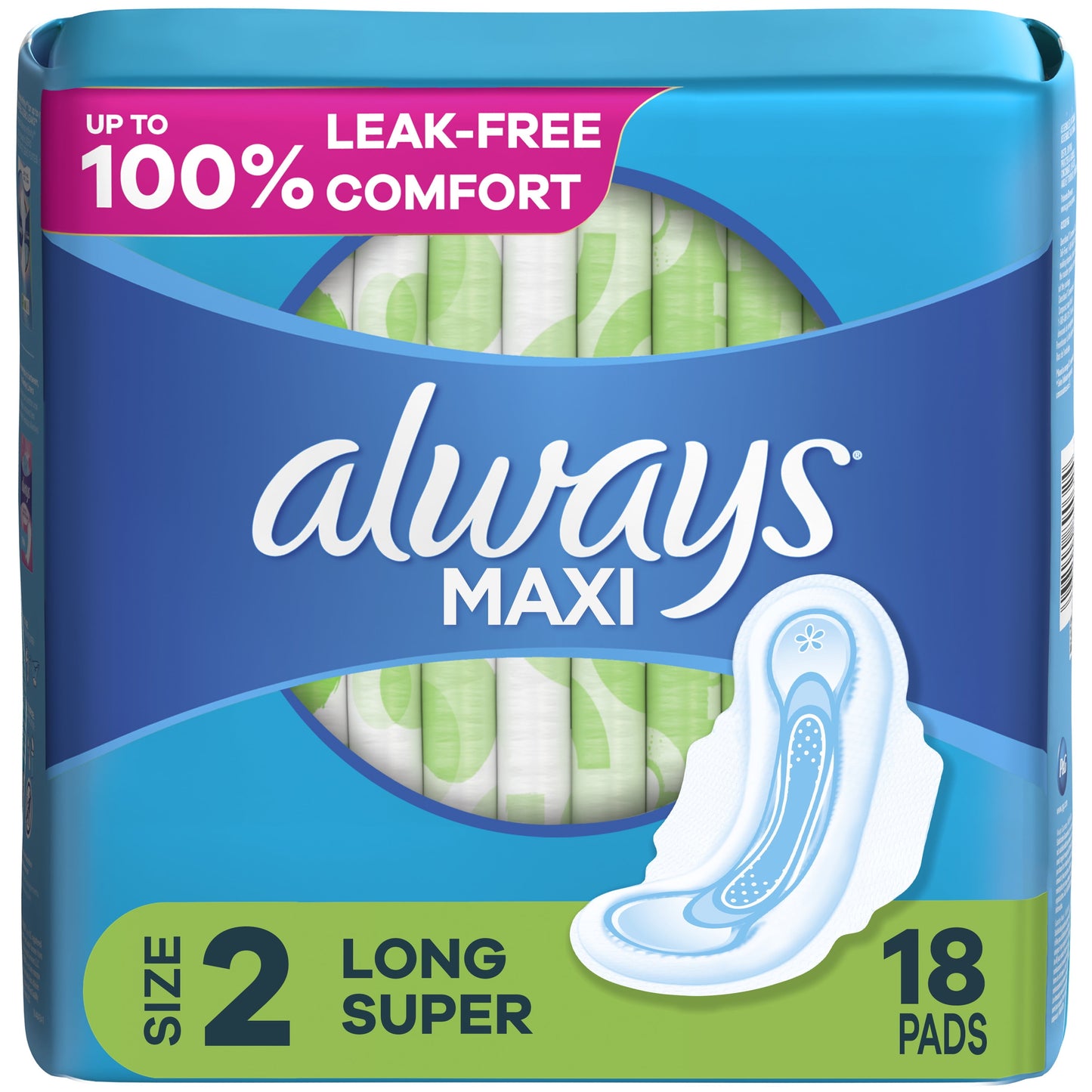 Always Maxi Pads with Wings, Size 2, Long Super Absorbency, 18 CT