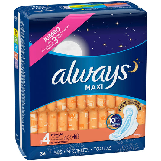 Always Maxi Size 4 Overnight Pads with Wings, Unscented, 36 Count