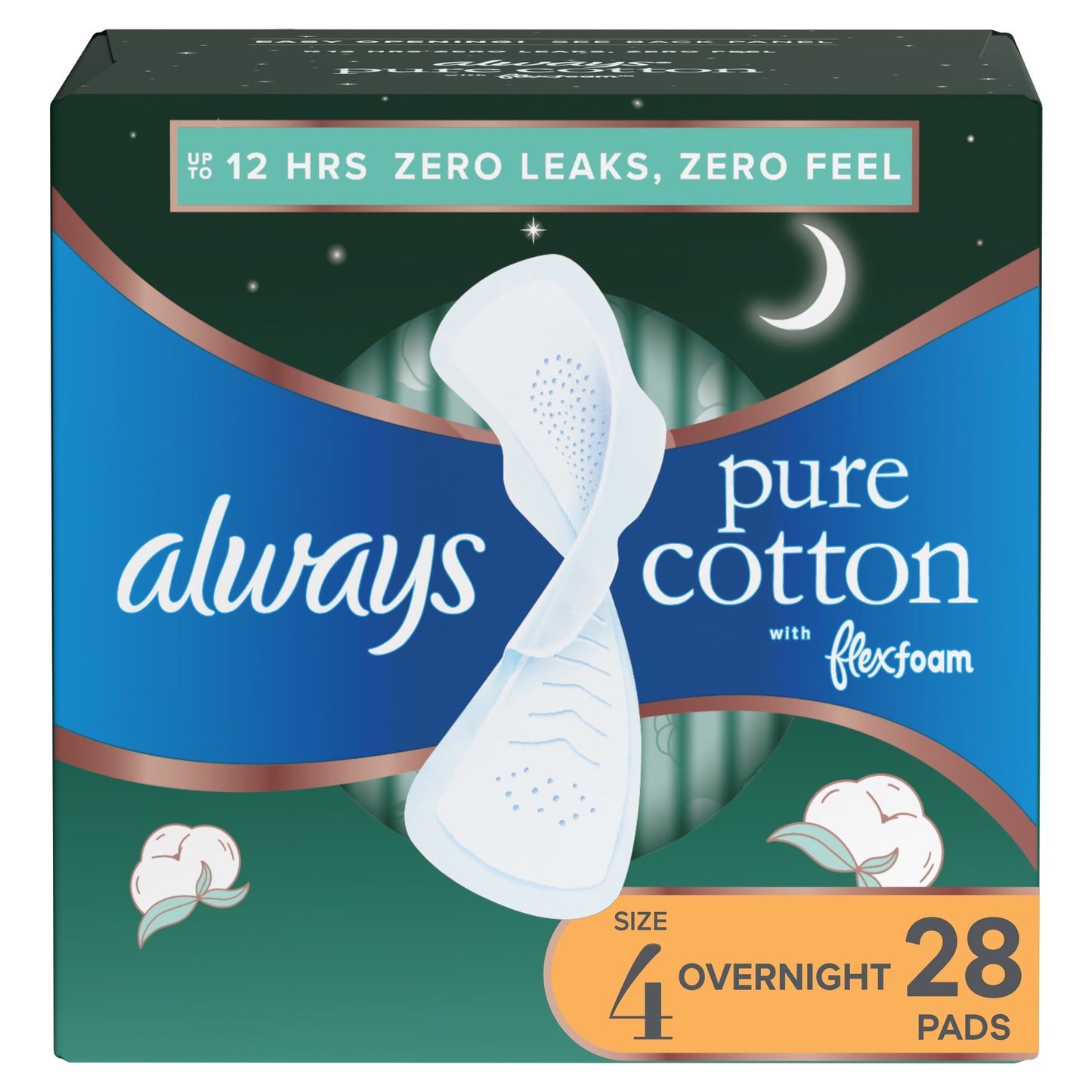 Always Pure Cotton Feminine Pads With WIngs, Size 4, Overnight Absorbency, 28 CT